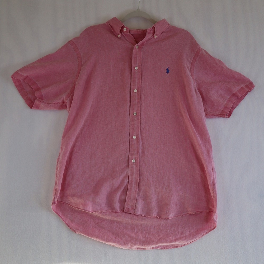 Ralph Lauren Button Down Shirt Men's XL 100% Linen Short Sleeve Pink Preppy